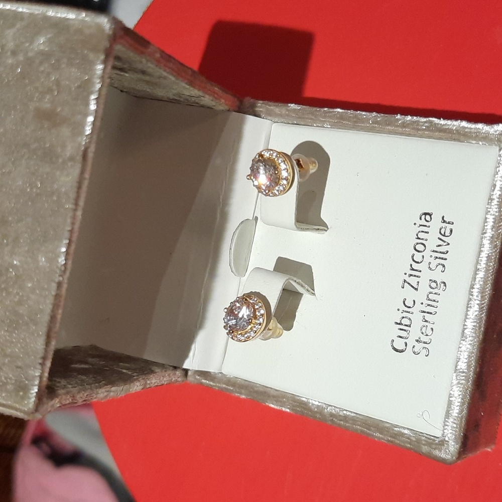 GENUINE 14K YELLOW GOLD OVER STERLING SILVER CZ HALO STUD EARRINGS